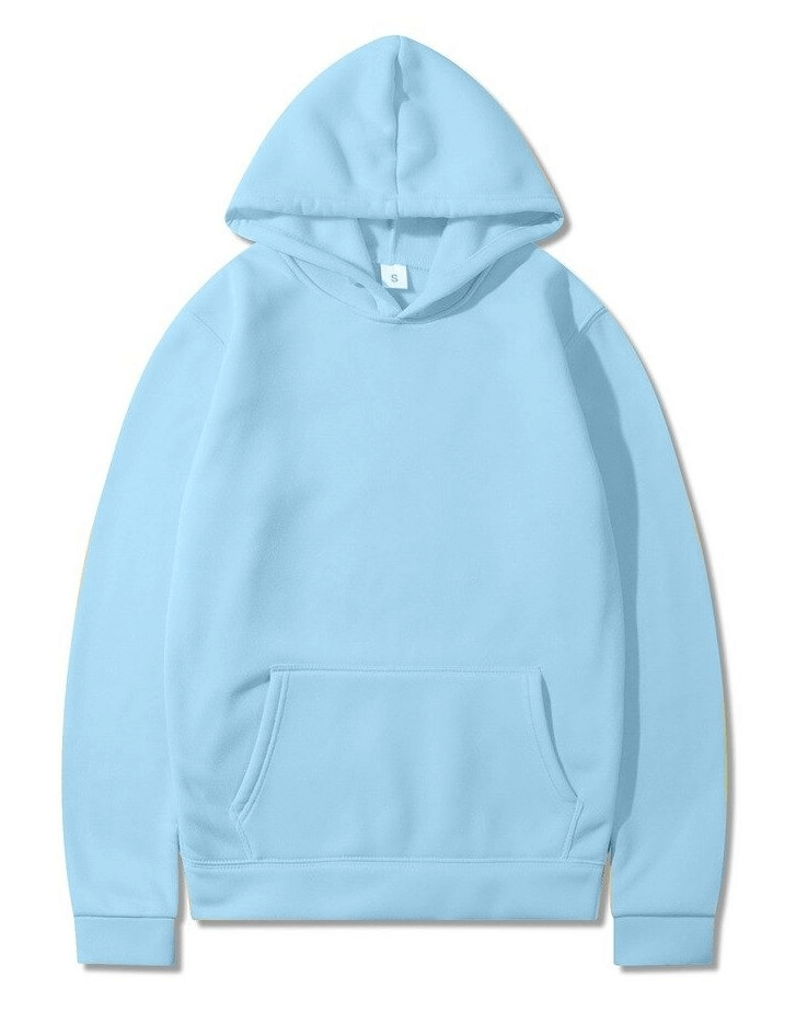 Light blue men's sweatshirt with hood and pockets, SF0373. Breathable cotton, full sleeves, casual style. Perfect for any outfit.